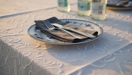 Classic dinner plate with a blue floral pattern, silver fork, and knife on a grey napkin, elegantly arranged on a white damask tablecloth in soft evening light