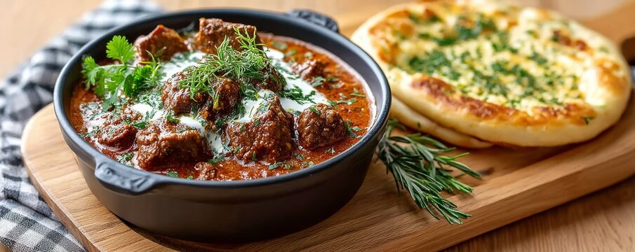 Un plato de pollo al estilo indio servido con pan, una opci&oacute;n popular en la comida india en cualquier momento