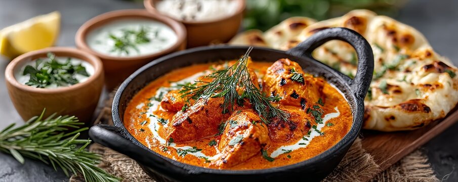 El cl&aacute;sico pollo mantequilla con naan, arroz y salsas en un plato tradicional en una mesa