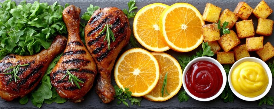 Pollo en muslos a la parrilla con naranja y guarnici&oacute;n de papas en un plato en la mesa