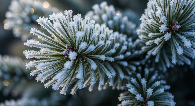 Delicate frost crystals adorn vibrant pine needles creating a magical winter wonderland scene perfect for holiday cards and seasonal greetings