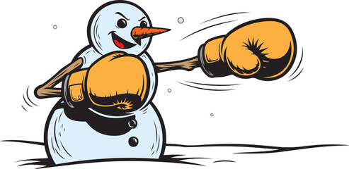 Cartoon snowman wearing boxing gloves throwing a punch with an angry expression winter