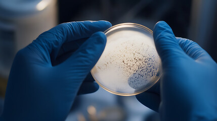 Examination of Microbiology Culture: A gloved hand holds a petri dish with bacterial growth, showcasing meticulous analysis & scientific exploration in the lab.