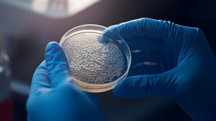 Close-up shot of a petri dish held in gloved hands, showcasing a thriving colony of microorganisms. The study of microbiology is essential for understanding life and disease.