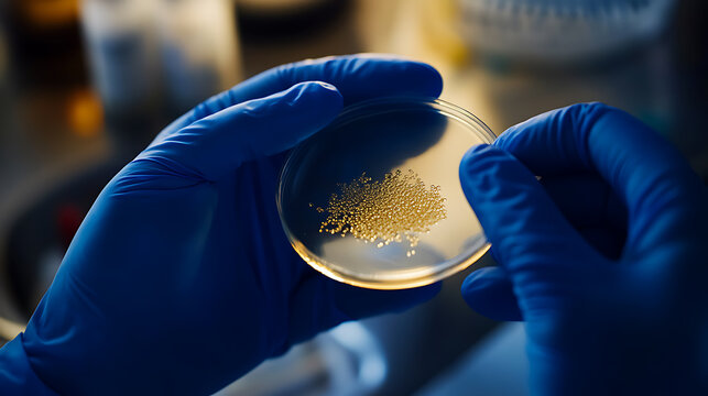 A scientist holds a petri dish containing golden beads, showcasing meticulous research and examination, wearing protective gloves. A testament to scientific exploration.