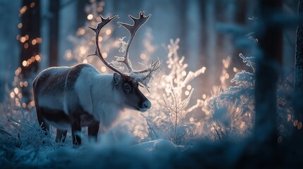Fototapeta premium Reindeer standing in snowy forest with magical Christmas lights. Reindeer standing in deep snow, illuminated by magical Christmas lights in a winter forest