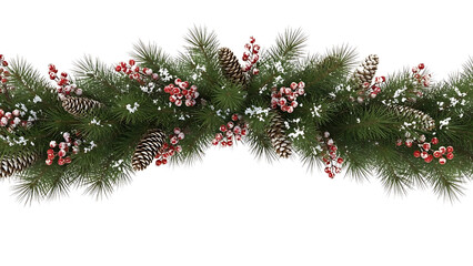 Christmas pine garland decorated with red berries and snow on black background