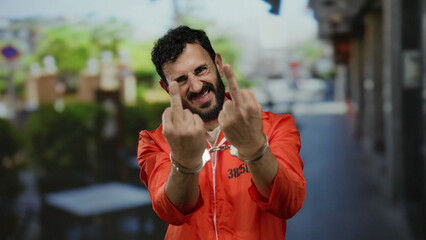 Hispanic man with beard in orange prison jumpsuit and handcuffs stands defiantly on an urban street, expressing defiance outdoors.