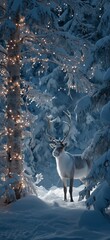 Fototapeta premium Reindeer standing in snowy forest with magical Christmas lights. Reindeer standing in deep snow, illuminated by magical Christmas lights in a winter forest