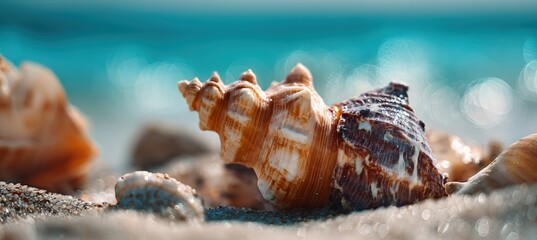 Macro Shot of Sunlit Shells with Blurred Turquoise Sea Background