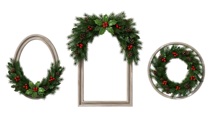 Elegant Christmas wreaths in various shapes with pine cones and holly berries
