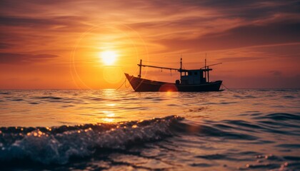Traditional wooden fishing boat silhouette floats peacefully on the calm ocean during a beautiful and dramatic orange sunset with a bright sun and lens flare