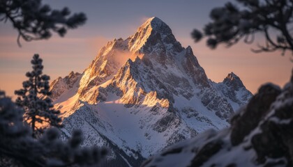 Majestic snow-covered mountain peak glows with warm golden alpenglow during a serene winter sunrise, creating a breathtaking and epic alpine landscape