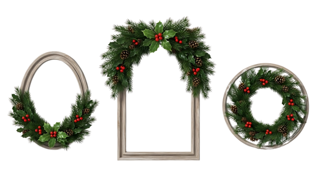 Elegant Christmas wreaths in various shapes with pine cones and holly berries - Powered by Adobe