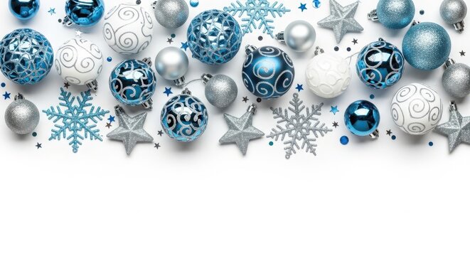 Elegant blue and silver christmas ornaments and snowflakes scattered