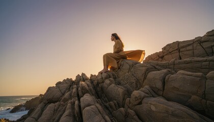 Serene barefoot woman in a long flowing dress sits peacefully on a rugged rocky coastline, contemplating the ocean view during a beautiful warm sunset