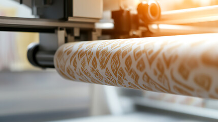 Close-up showcasing an automated machine printing detailed patterns on a roll of material. The crisp image highlights the precision and innovation in textile manufacturing.