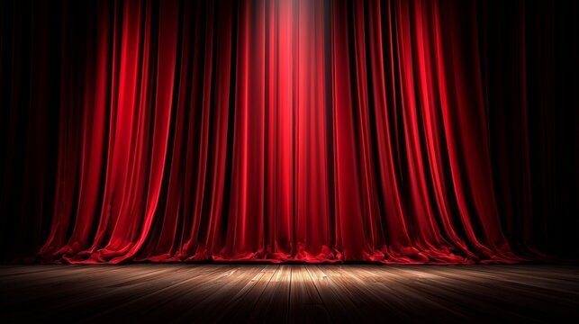 Theater stage with closed red curtain and spotlight above
