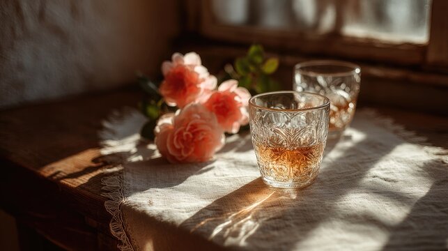 Elegant Crystal Glasses and Pink Flowers on Sunlit Rustic Table
