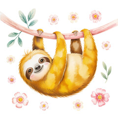 Fototapeta premium A cheerful sloth hangs from a branch surrounded by colorful flowers.