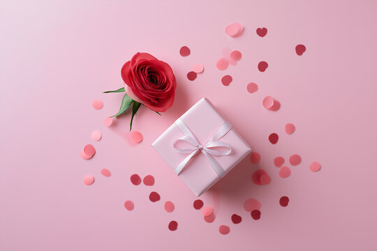 red rose and gift box with heart confetti on pink background