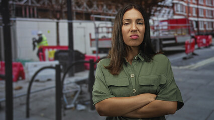 Young brunette hispanic woman with arms crossed on street at construction site beside red barriers and worker in high vis; frustration defiance.