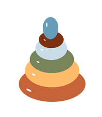 Vector illustration of a classic children's wooden stacking toy  in muted, earthy tones. Ring pyramid isolated.Design element for childhood theme, education, baby development, and play.
