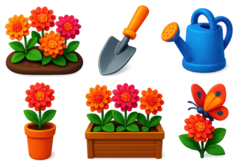 Set of six images of flowers and gardening tools, including a watering can