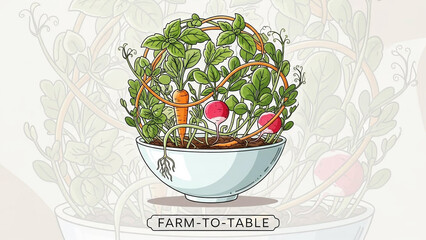 Vector bowl with sprouting herbs forming a globe shape, farm-to-table concept, no people.