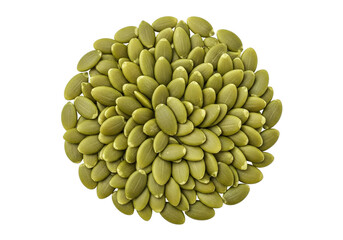 Nutritious green pumpkin seeds arranged in an elegant floral pattern design, isolated on a transparent PNG background.