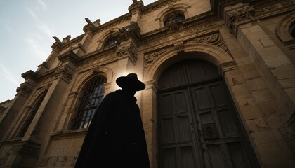 Mysterious silhouetted figure in a black cloak and hat stands before an ancient gothic cathedral with ornate architecture, viewed from a dramatic low angle with sun flare