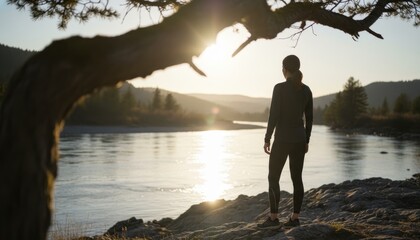 Fit woman in dark athletic clothing with a ponytail stands on a rocky outcrop, peacefully watching the sun set over a wide river and distant hills