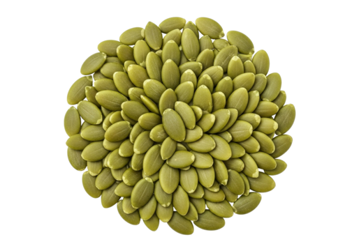 Nutritious green pumpkin seeds arranged in an elegant floral pattern design, isolated on a transparent PNG background.