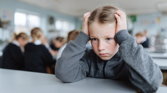 Sad girl sitting at empty table, holding her head in distress, other groups of teens laughing and chatting in the background - Powered by Adobe