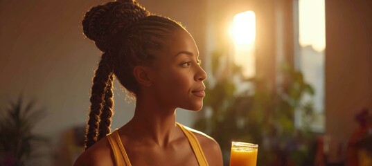 African woman with braided hairstyle holding detox juice in golden hour sunlight