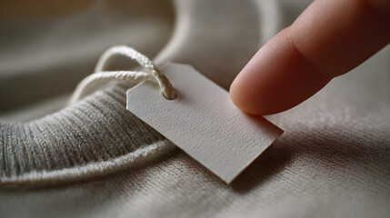 Pricing Tag on Clothing: The intimate interaction of a fingertip with a simple pricing tag against a backdrop of soft fabric invites curiosity and contemplation about product value. 
