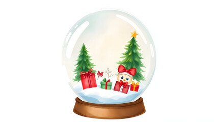 Snow globe with Christmas elements. Watercolor hand drawn, vector style. White tone