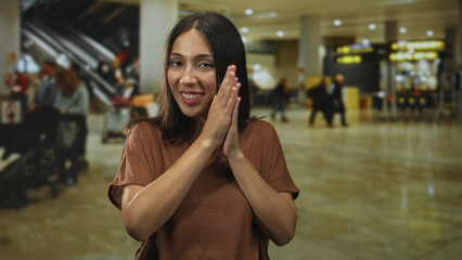 Woman clapping hands at airport terminal with eyes closed and smiling, wearing brown top and relaxed posture; travel gratitude.