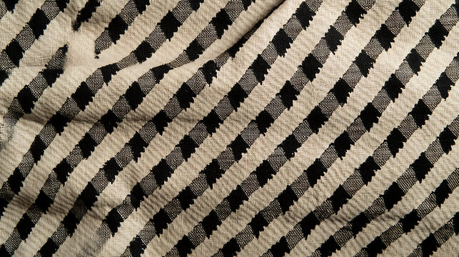 Diagonal black and white fabric stripes create a textured pattern with subtle folds, perfect for backgrounds or textile designs with a classic, adaptable aesthetic.