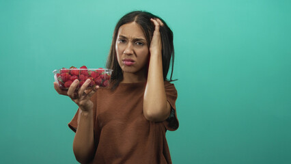 Young hispanic woman brunette holding clear container of strawberries, hand to head gesture in teal...