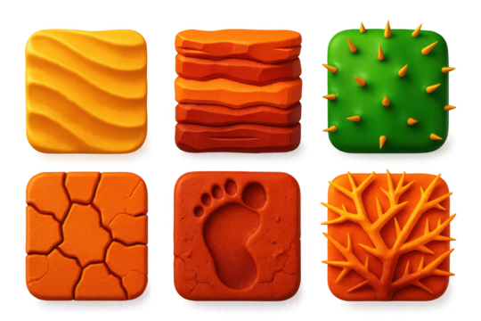 Six different textures, including a rocky surface, a tree, and a cactus