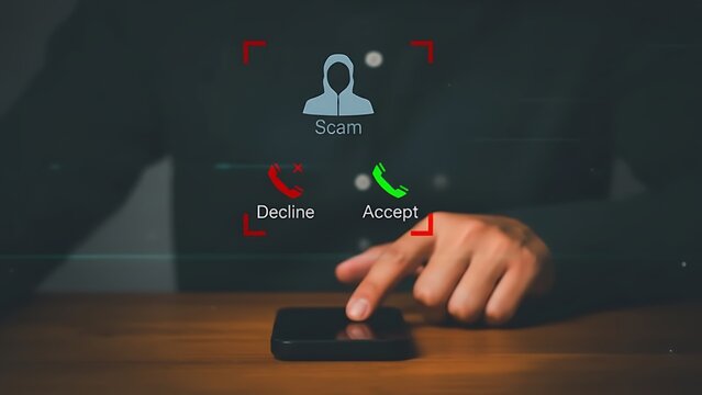 Adult man receiving a scam phone call alert on smartphone, concept of online fraud detection, phishing, and cybercrime prevention. Digital security and identity protection awareness. Hacking