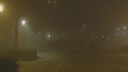 Empty city park at night in dense fog and haze