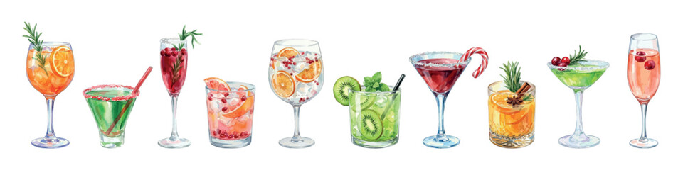 Holiday Cocktail Set - spritz, margarita, fizz, paloma, cosmo, mojito, sangria, martini, old fashioned and champagne © Мария Князь