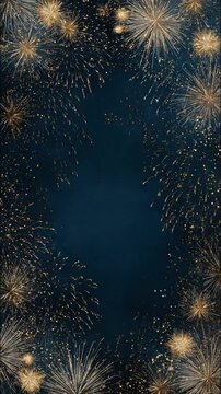 Luxury golden fireworks border animation with elegant sparkling particles framing a deep navy background for festive celebrations