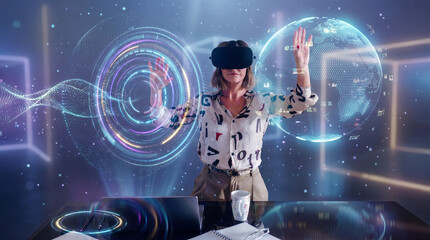 Woman navigating holographic data spheres using virtual reality headset