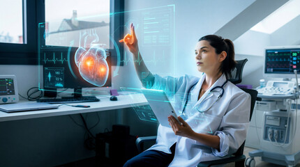 Female doctor analyzing 3D heart hologram with digital medical interface