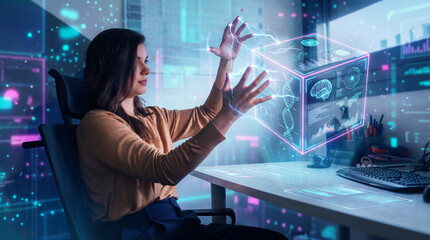 Woman controlling holographic biotech cube with immersive data interface