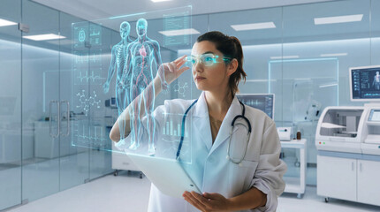 Female doctor examining human anatomy via holographic medical display