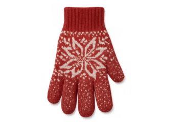 Red knitted glove with white snowflake pattern, offering warmth for winter activities and christmas holidays. Transparent background